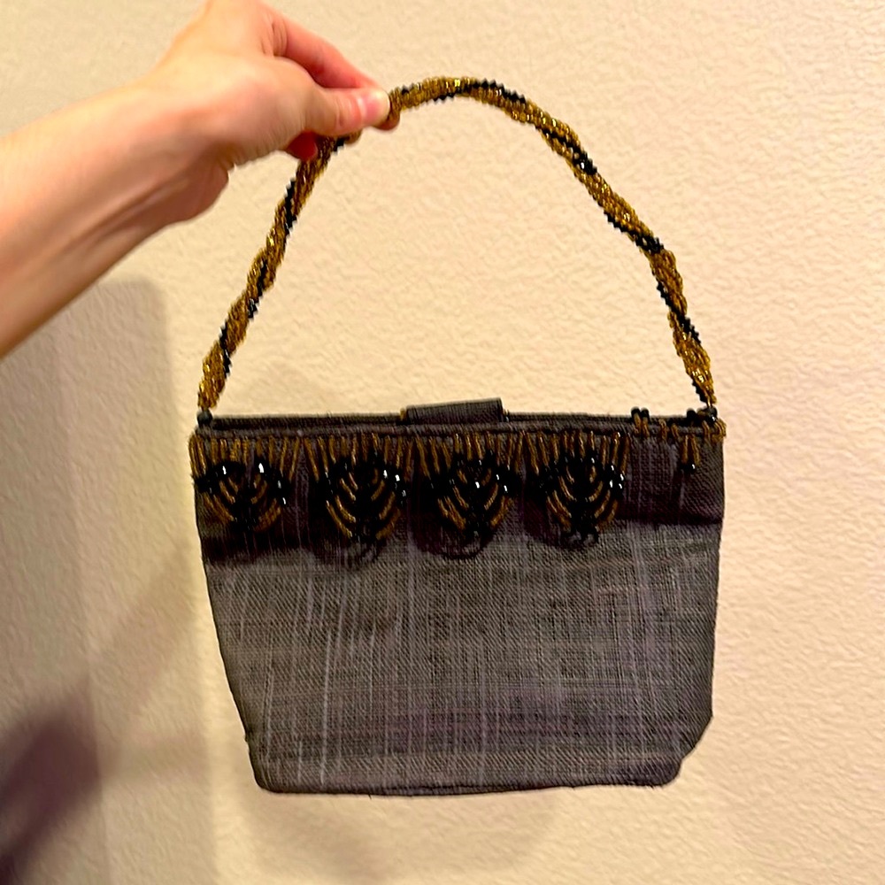 Pretty Purse In Great Condition. Black & Bronze Beads As Handle & Around Top!